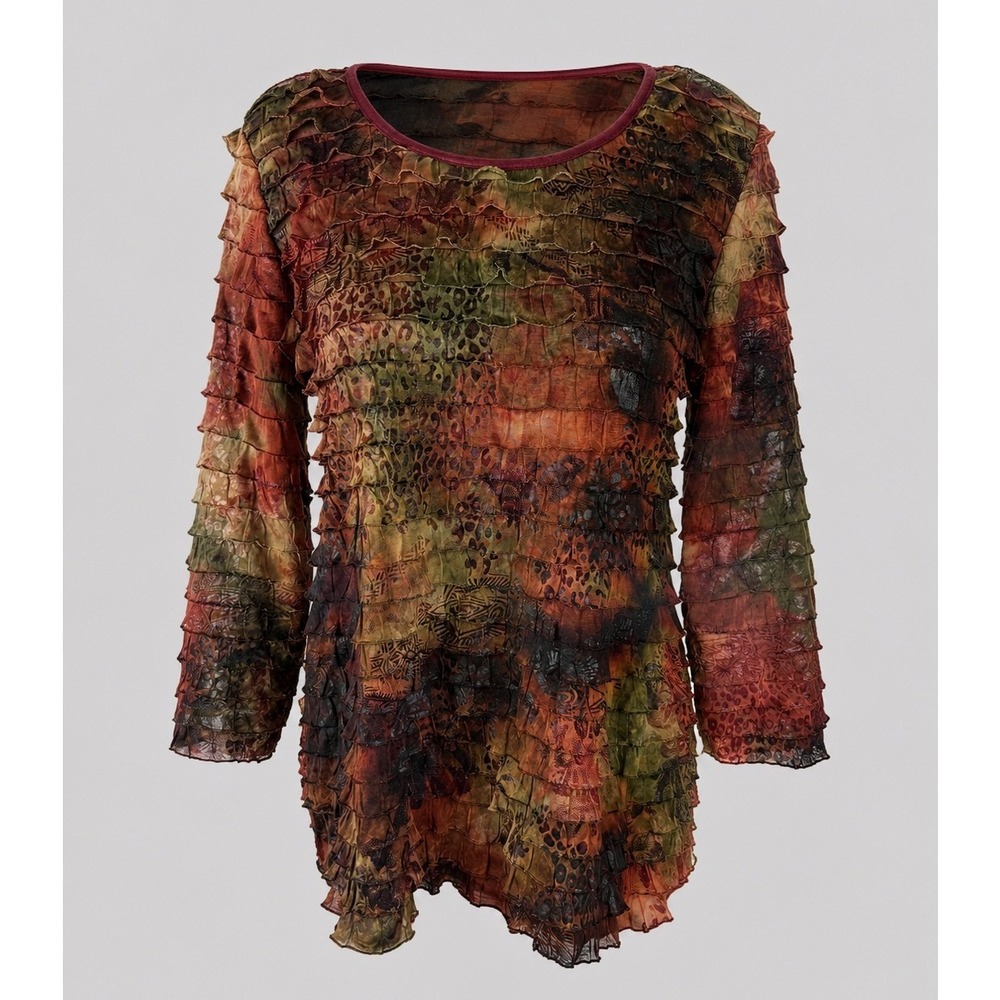 Elementz‎ Womens Small Ruffle Tiered Mesh Top 3/4 Sleeve Earth Tone Mixed Print